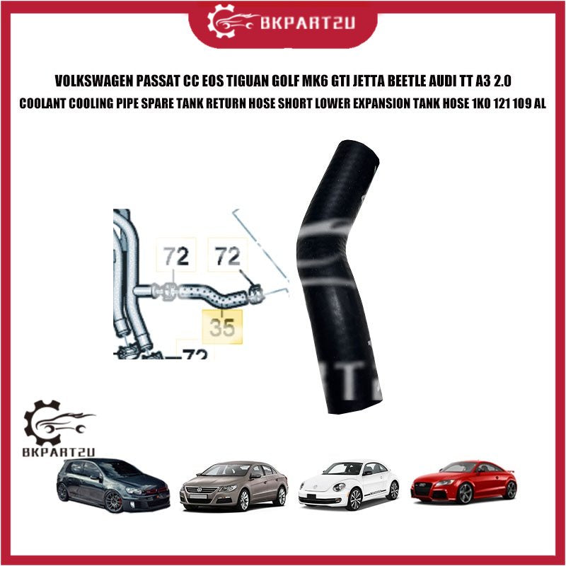 VOLKSWAGEN PASSAT CC EOS TIGUAN GOLF MK6 GTI JETTA BEETLE AUDI TT A3 2.0 COOLANT PIPE SPARE TANK RETURN HOSE 1K0 121 109